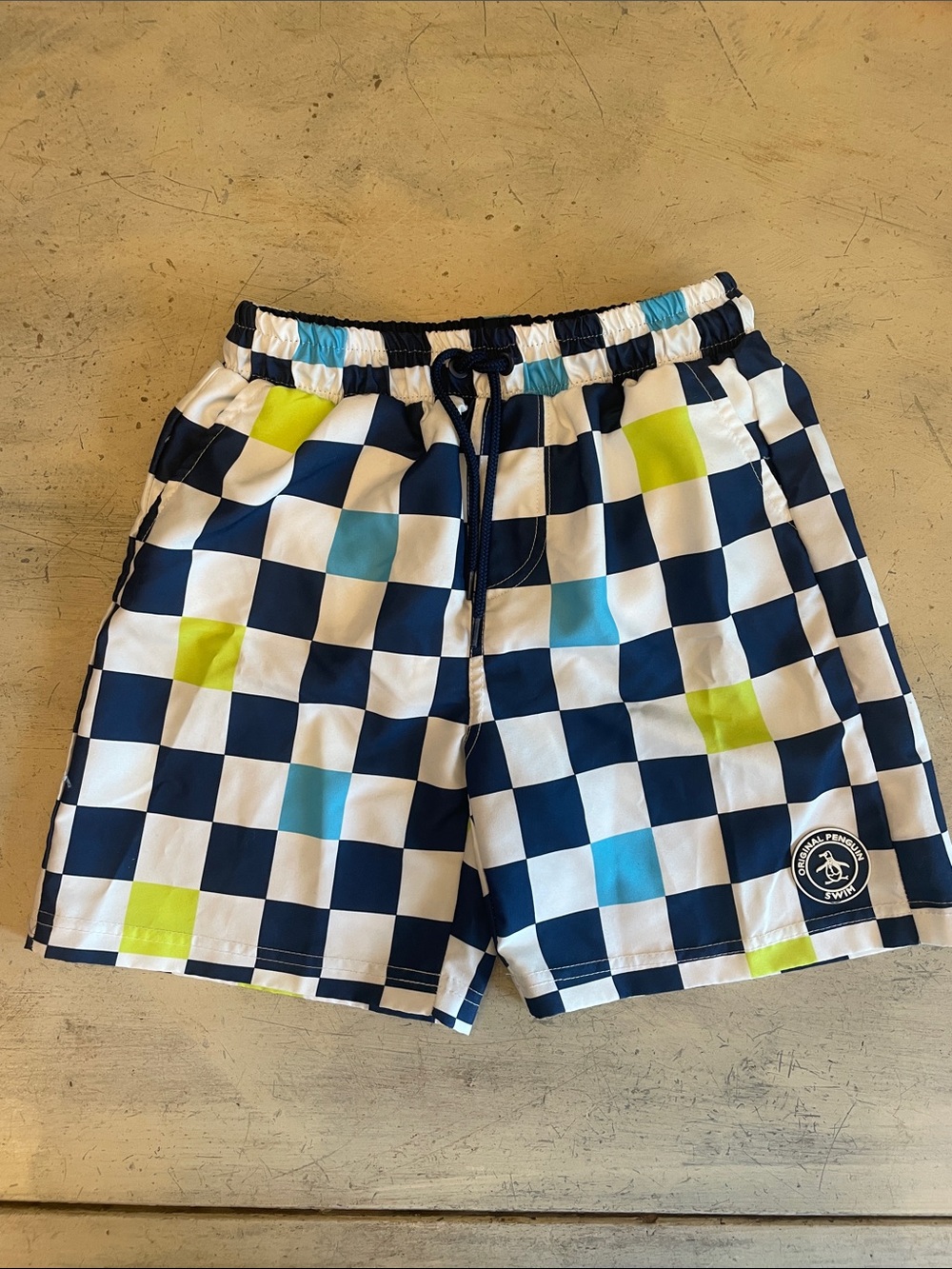 Checkerboard Swim Shorts with Blue & Lime Accents